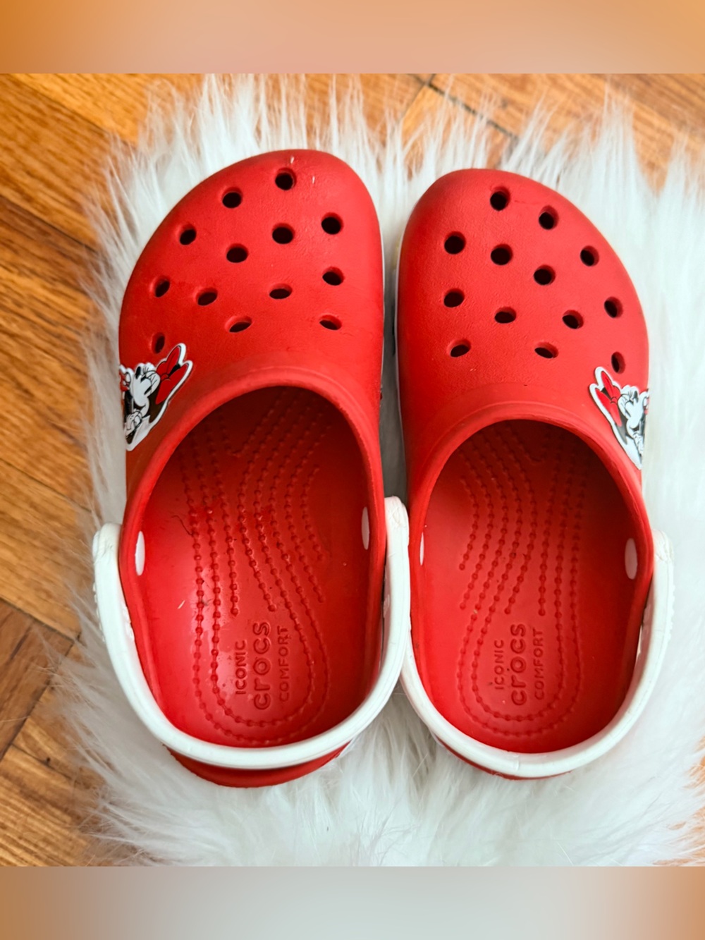 CROCS Kids Red Clogs with White Heel Strap and Minnie Accent